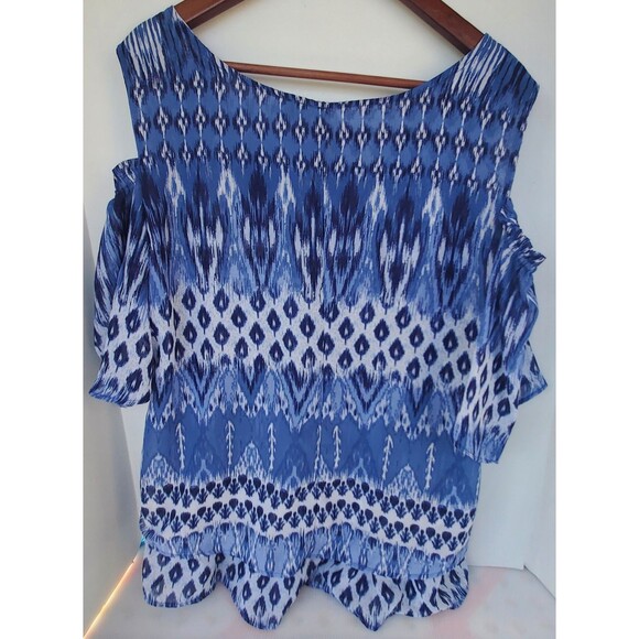 New Directions Women’s Shirt XL Blue White Cold Shoulder Blouse Top Boho Dressy - Picture 4 of 11